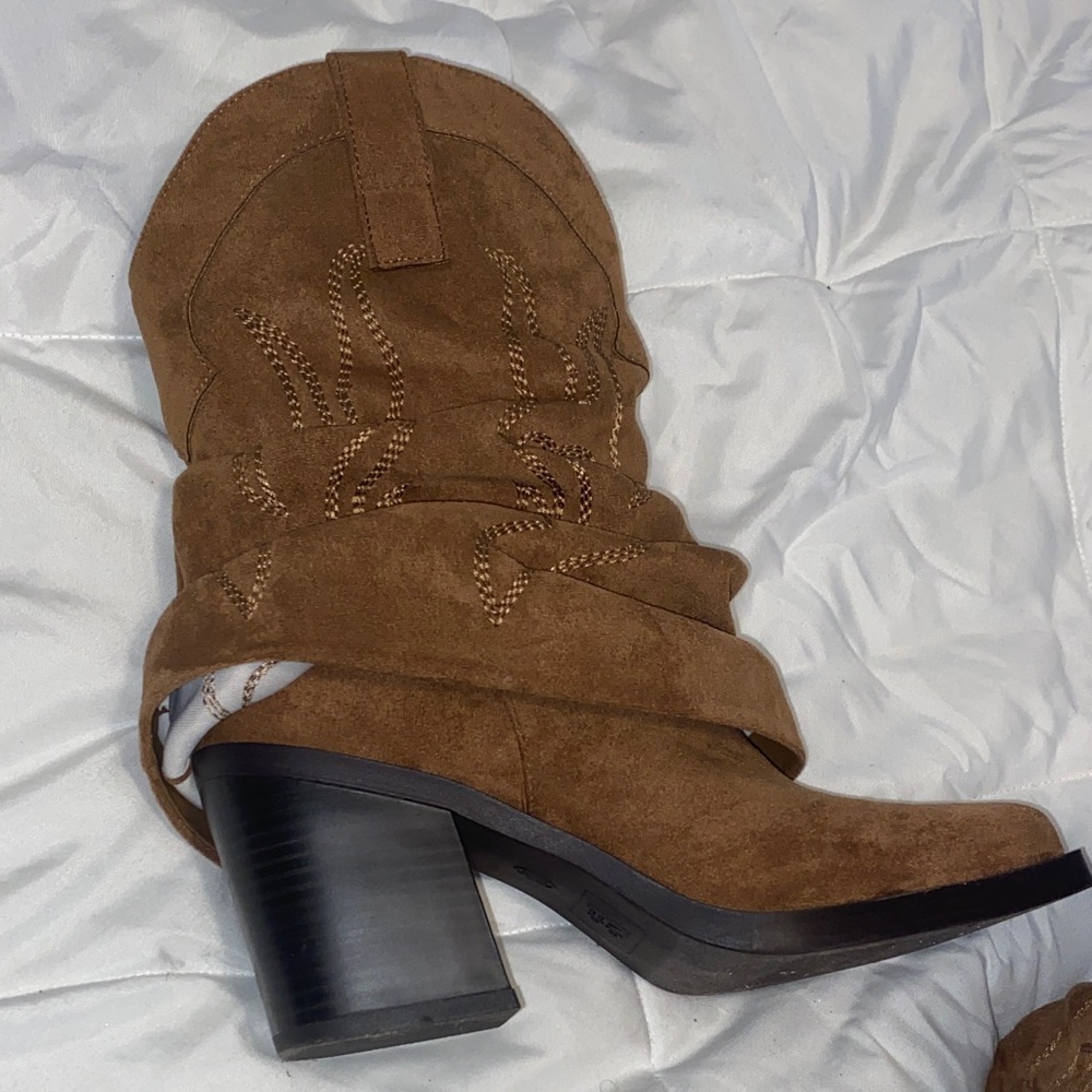 Brown Suede Women's Cowboy Boots - Picture 3 of 5